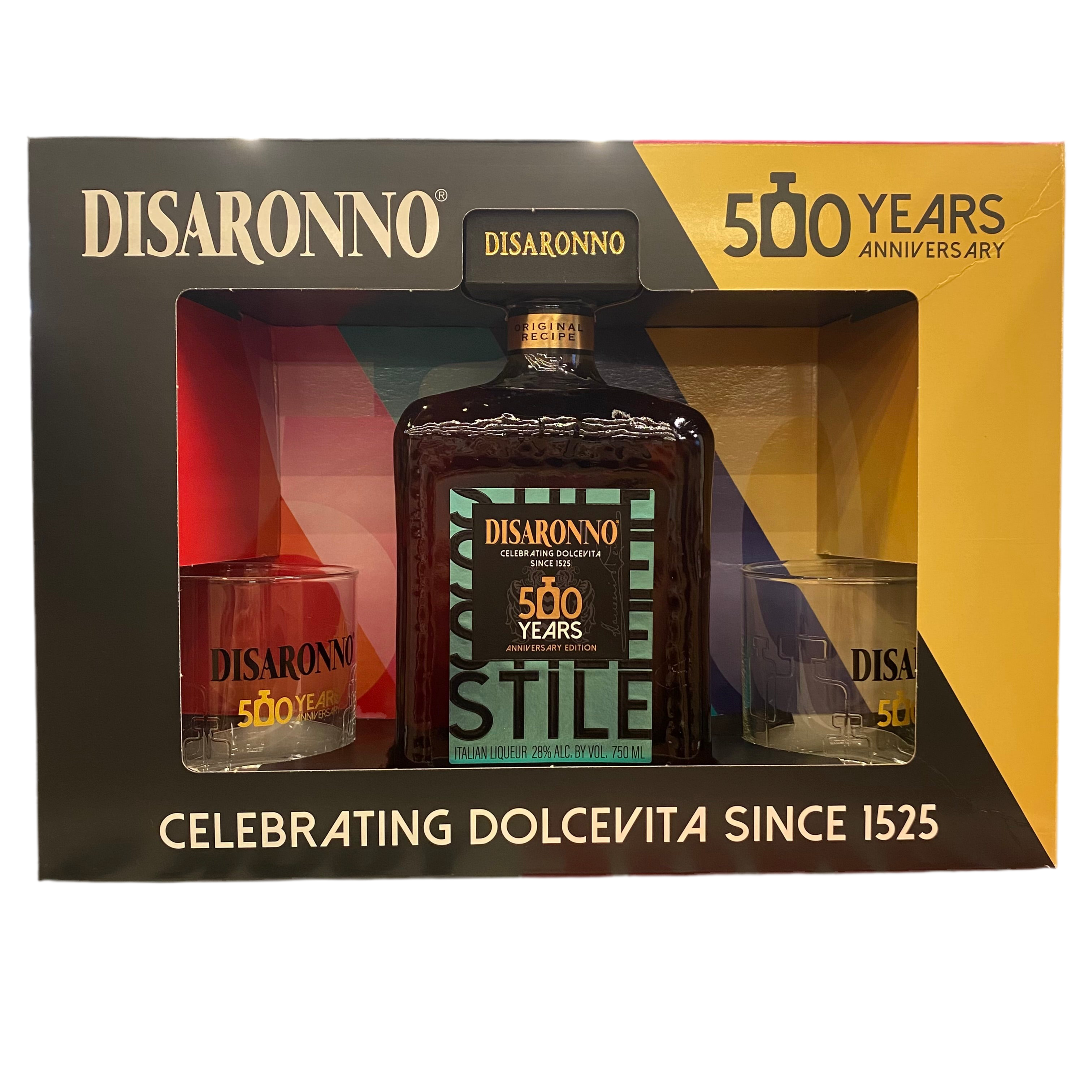 Amaretto Disaronno 500th Anniversary Edition with 2 Rocks Glasses